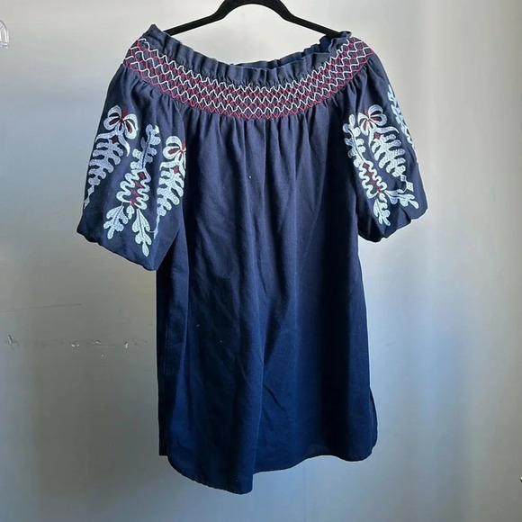 Navy Blue Off the Shoulder Shirt with Embroidery | Rebellion Off the Shoulder - Picture 4 of 13